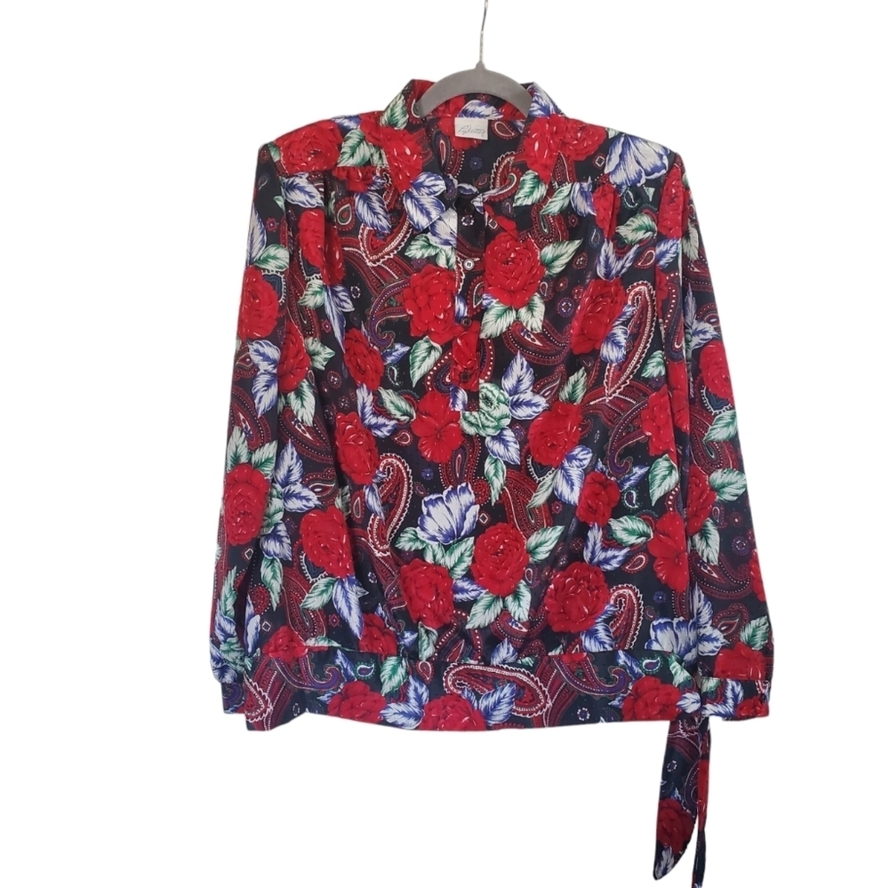 Vintage 70s Pykettes Red Black Mod 1/4 Button Side-Tie Floral Blouse, Size Large